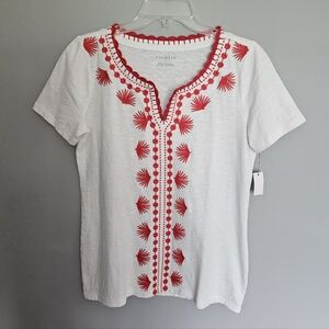 NWT Talbots Top Women's Size S Red & White Embroidered Boho Modest 100% Cotton
